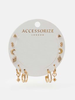 Accessorize London - Women Starry Night Gold Stud and Hoop Earrings (Pack of 6)