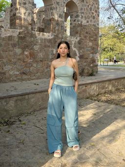 Obleka - Ice Blue Contrast Parachute Top and Pant (Set of 2)