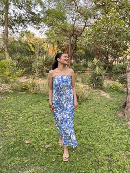 Obleka - Floral Tube Cotton Linen Blend Maxi Dress