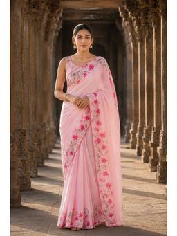 Anjaneya Sarees - Pink Designer Linen Printed Saree