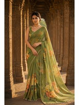 Anjaneya Sarees - Green Designer Georgette Printed Saree