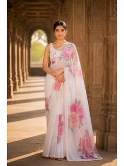 Anjaneya Sarees - White Designer Georgette Printed Saree