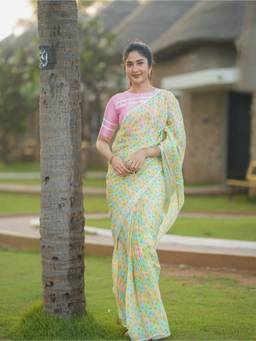 Anjaneya Sarees - Green Designer Linen Printed Saree