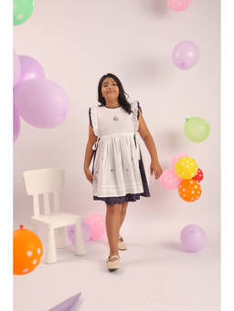 The Little Trunk - Girls White Floral Detail Dress with Contrast Sleeves