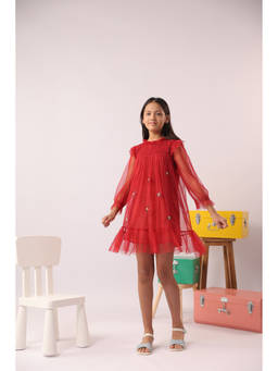 The Little Trunk - Girls Red Embellished Tulle Dress