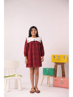 The Little Trunk - Girls Red and White Checked Dress with Embroidered Yoke
