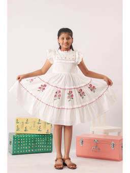 The Little Trunk - Rosette Embroidered Tiered White Dress for Girls