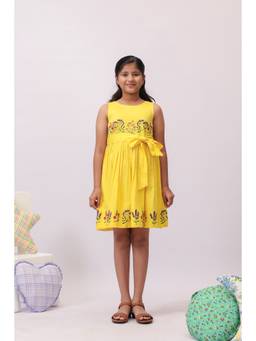 The Little Trunk - Yellow Floral Embroidered Bow Dress for Girls