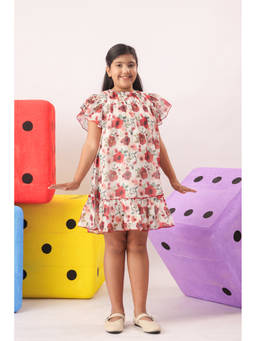 The Little Trunk - Red Floral Organza Ruffle Dress for Girls