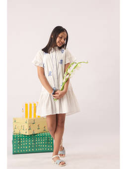 The Little Trunk - White Blue Embroidered Shirt Dress for Girls