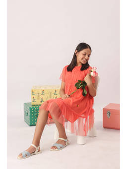 The Little Trunk - Coral Tulle Smocked Embroidered Dress