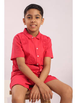 The Little Trunk - Boys Red Floral Applique Cotton Co-Ord Set