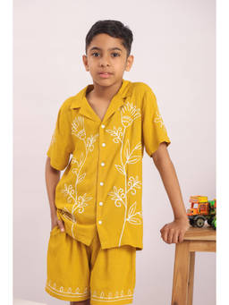 The Little Trunk - Boys Mustard Yellow Floral Embroidered Co-ord Set