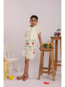 The Little Trunk - Boys Off-White Cross Stitch Embroidered Co-ord Set