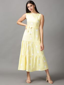 SHOWOFF - Womens Boat Neck Midi Yellow Polka Dots Dress (Set of 2)