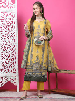 Stylee LIFESTYLE - Mustard Cotton Digital Printed Dress Material (Set of 3)