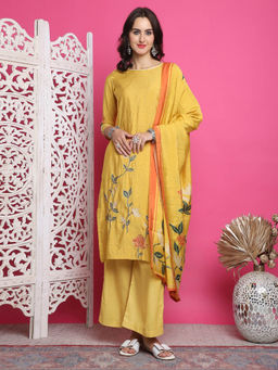 Stylee LIFESTYLE - Yellow Muslin Digital Printed Dress Material (Set of 3)