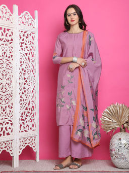 Stylee LIFESTYLE - Purple Muslin Digital Printed Dress Material (Set of 3)