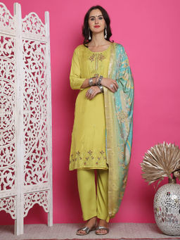 Stylee LIFESTYLE - Lemon Yellow Muslin Embroidered Dress Material (Set of 3)