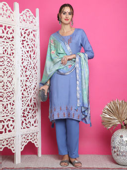 Stylee LIFESTYLE - Blue Muslin Embroidered Dress Material (Set of 3)