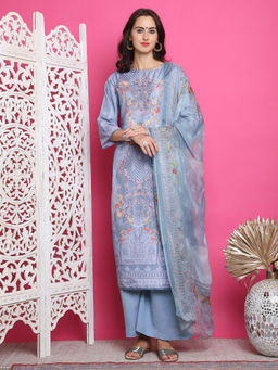 Stylee LIFESTYLE - Grey Satin Digital Printed Dress Material (Set of 3)