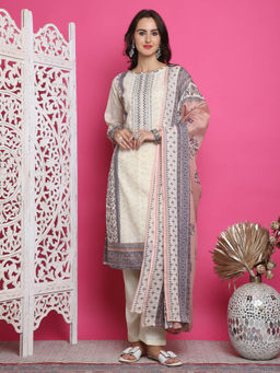 Stylee LIFESTYLE - Cream Cotton Digital Printed Dress Material (Set of 3)