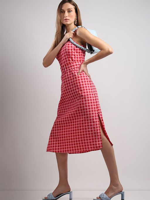 Buy VERO MODA Red Check Midi Dress with Belt (Set of 2) Online