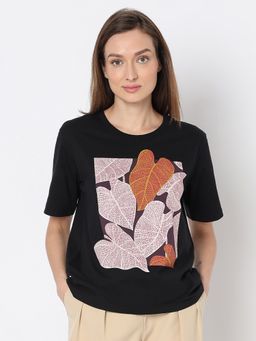 VERO MODA - Black Sequin Leaf Print T-Shirt
