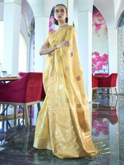 Akhilam - Women Silk Blend Yellow Woven Design Designer Saree with Blouse Piece