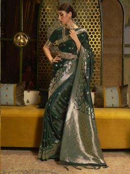 Akhilam - Womens Silk Blend Green Woven Designer Saree with Unstitched Blouse