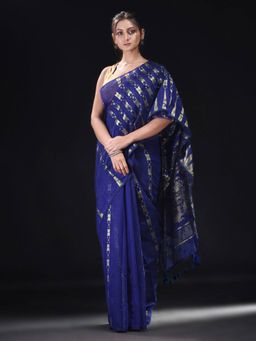 Beatitude - Navy Blue Cotton Silk Woven Jacquard Jamdani Saree with Unstitched Blouse