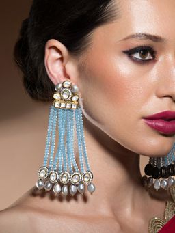 Joules By Radhika - Kundan Polki Earrings Studded With Fresh Water Pearls & Crystal Blue Agate Beads