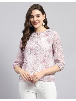 Monte Carlo - Womens Purple Printed Round Neck 3-4 Sleeve Top