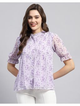 Monte Carlo - Womens Purple Printed Mandarin Neck Half Sleeve Top