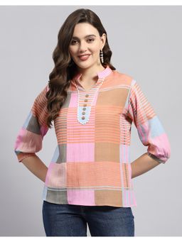 Monte Carlo - Womens Orange Checkered Mandarin Neck Top