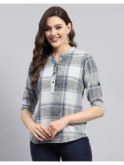 Monte Carlo - Womens Grey Checkered Mandarin Neck 3-4 Sleeve Top