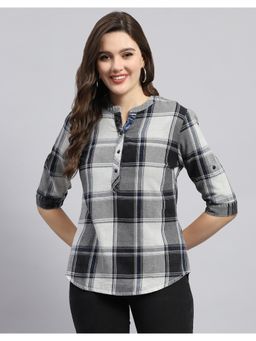 Monte Carlo - Womens Dark Grey Checkered Mandarin Neck 3-4 Sleeve Top