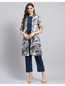 Monte Carlo - Womens Blue Solid Collar Neck Half Sleeve Top and Pant with Shrug (Set of 3)