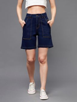 Miss Chase - Women's Navy Blue High rise Clean look Above Knee Stretchable Denim Shorts