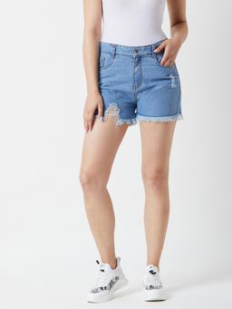 Miss Chase - Women's Blue Relaxed Fit Highly Distressed Mid Rise Ripped Denim Shorts