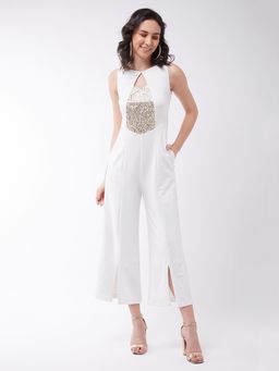 Miss Chase - Women's Off-White Round Sequin Panel Wide Leg Embellished Jumpsuit
