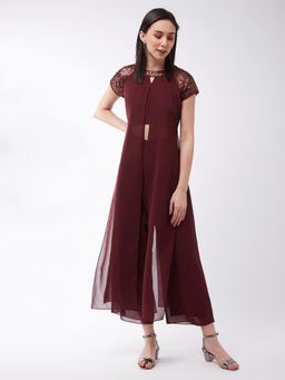 Miss Chase - Women's Wine Raglan Sequin Layered Embellished Party Jumpsuit