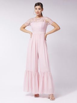Miss Chase - Women's Dusty Pink Round Neck Short Sleeve Solid Lace Overlaid Jumpsuit