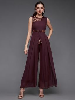 Miss Chase - Women's Wine Relaxed Fit Sleeveless Round Neck Straight Party Jumpsuit