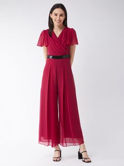 Miss Chase - Women's Pink Solid Short Sleeve V-Neck Ankle-Length Straight Jumpsuit