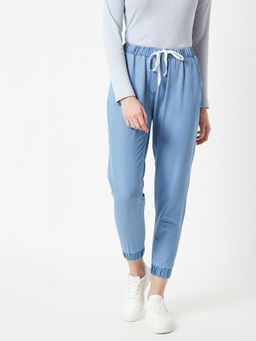 Miss Chase - Women's L Blue Mid Rise Regular Fit Light Weight Denim Joggers