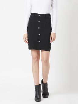 Miss Chase - Women's Black Stretchable Solid A-line Mini Denim Skirt