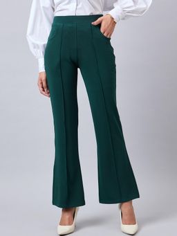 Style Quotient - Women Solid Green Self Design Polyester Formal Trouser