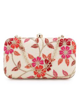 Anekaant - Tulle Natural and Pink Faux Silk Floral Embroidered Clutch