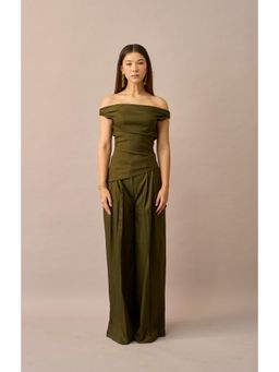 True West - Women Olive Wide Leg Medium Waist Trouser